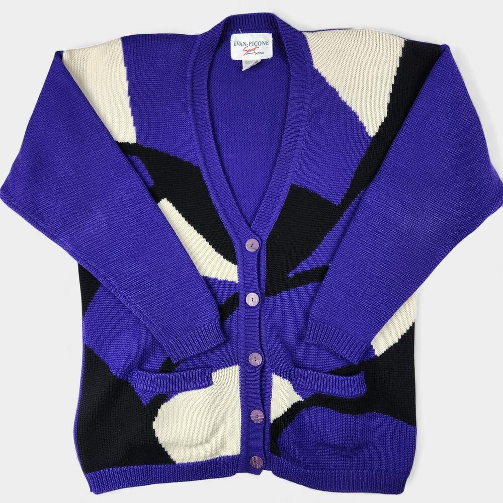 Vintage Evan-Picone Sport Sweater Womens Petite Small Purple Cardigan Abstract